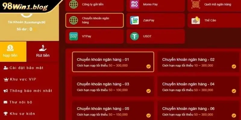 Các phương thức thanh toán nạp tiền 98Win phổ biến nhất